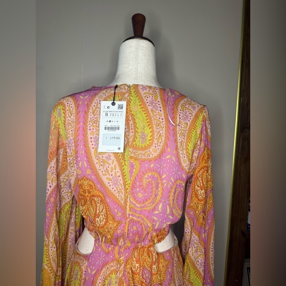Zara Paisley Cutout Mini Dress NWT‎ Boho Festival Y2K Balloon Sleeve S - Picture 6 of 10